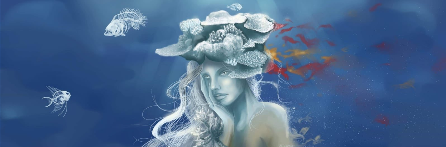 Artwork by Dr. Peixoto's undergraduate student Natascha-Sophie Varona on coral bleaching.